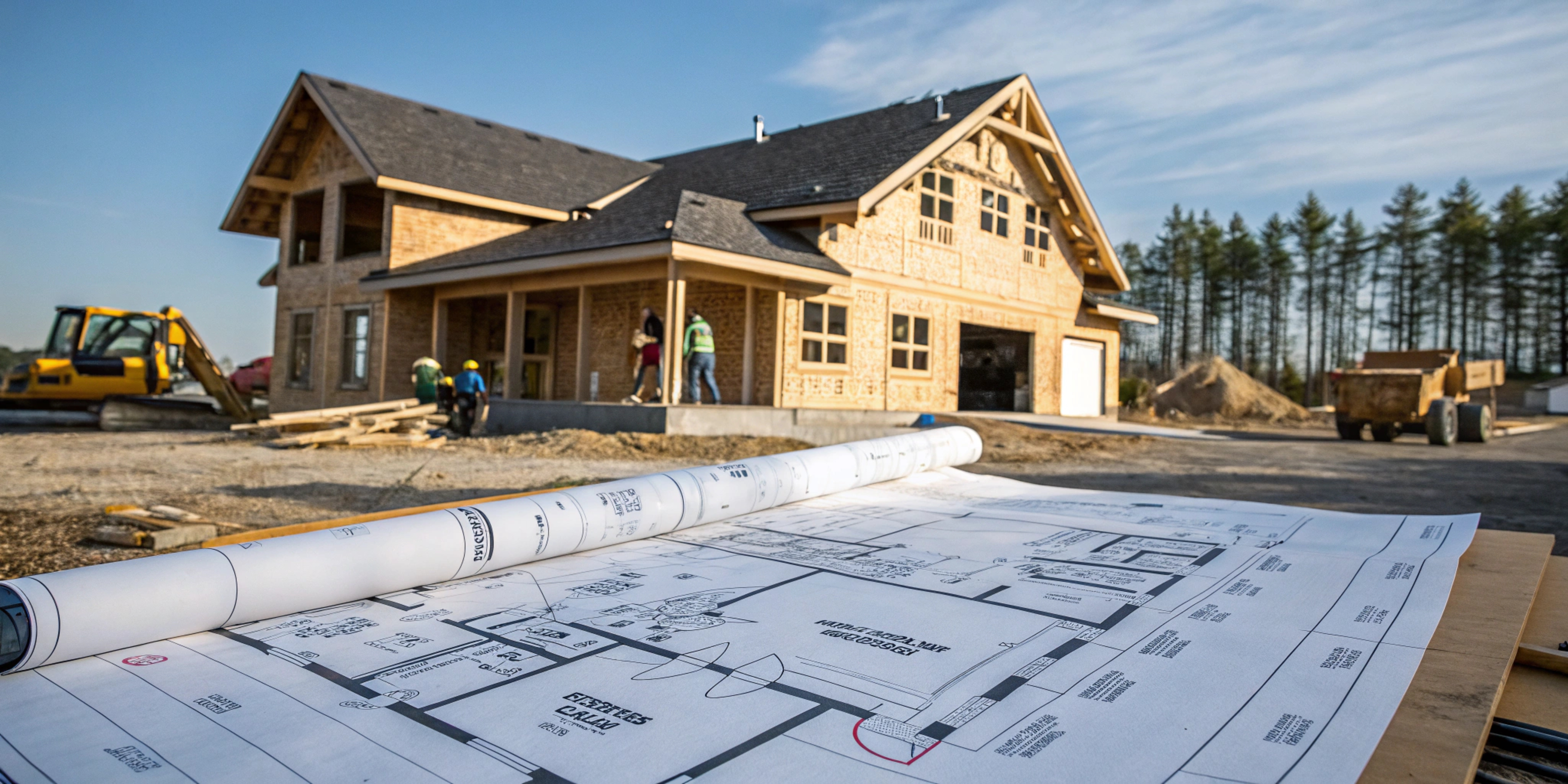 Residential build in progress with blueprint plans in the foreground